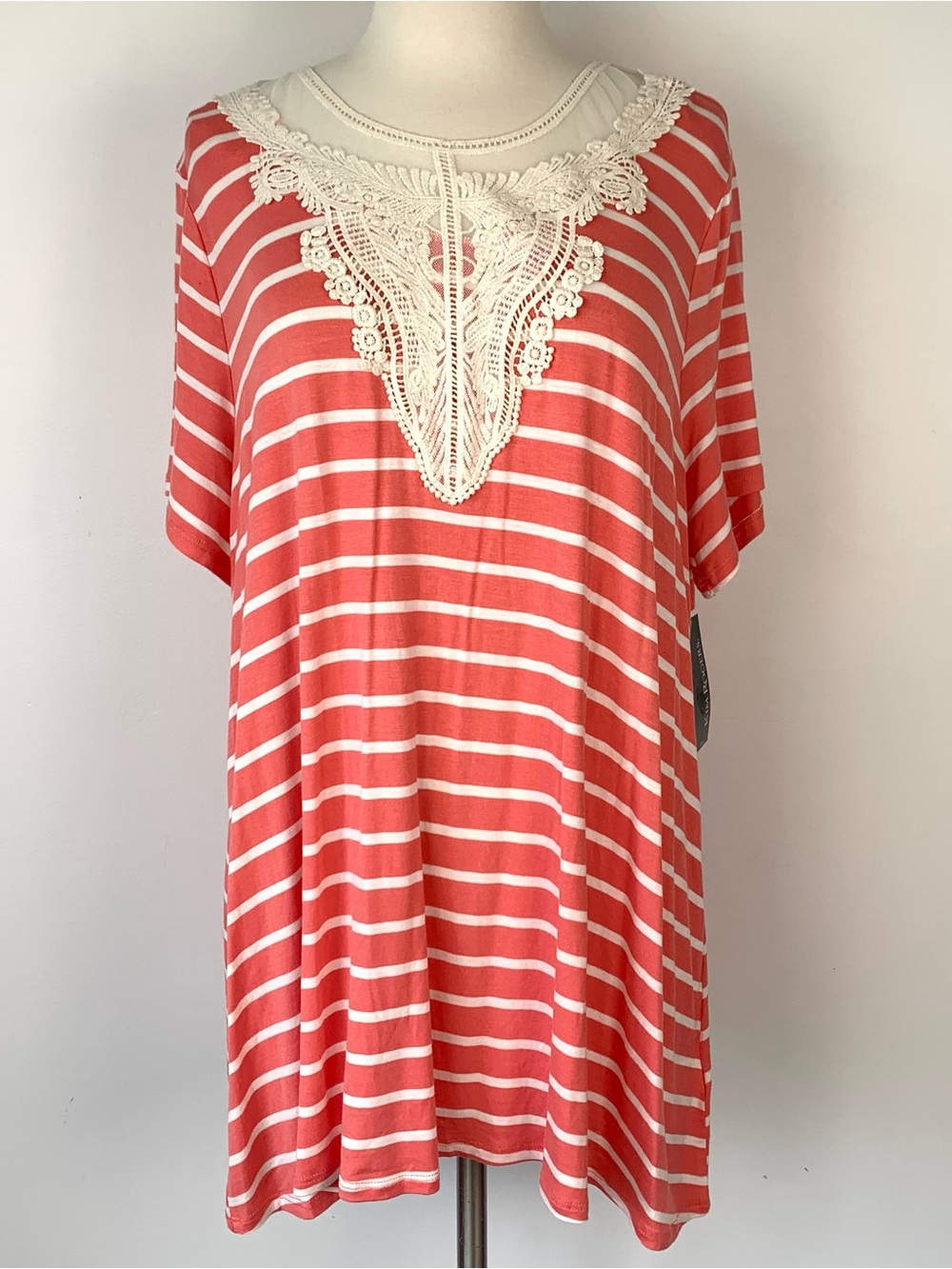 Kim Rogers Curvy Striped Coral Crochet Top Plus Size 1X NWT